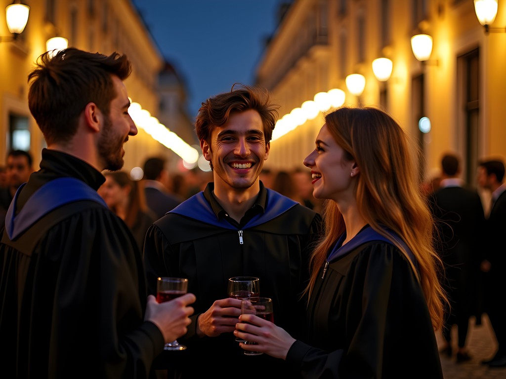 Portuguese university students in traditional black academic capes celebrating in Braga at night