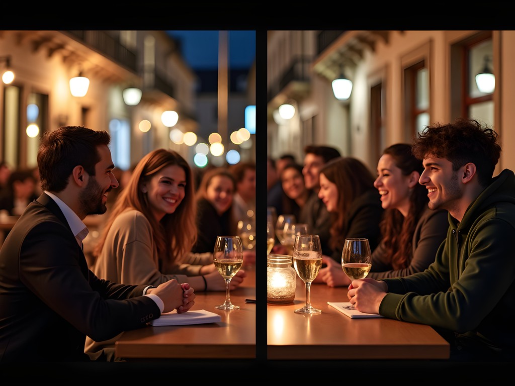 Split image showing formal Portuguese student gathering versus casual New Zealand pub scene