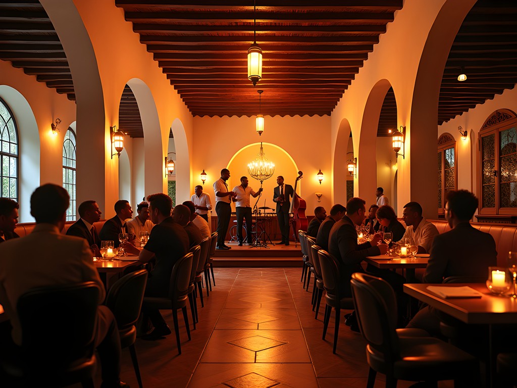 Intimate jazz club interior in Brazzaville with colonial architecture and soft lighting