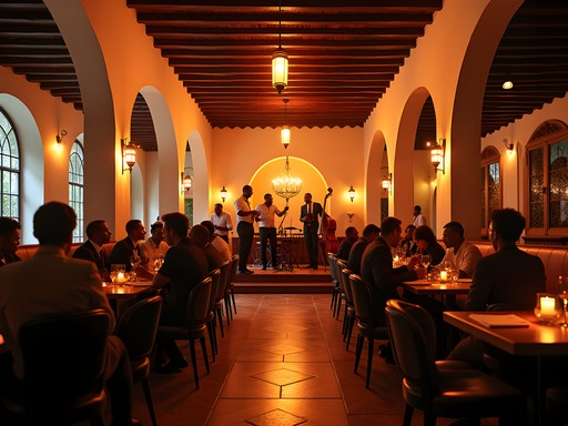 Intimate jazz club interior in Brazzaville with colonial architecture and soft lighting