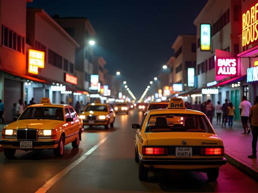 Night taxis lined up along illuminated Brazzaville street with city lights