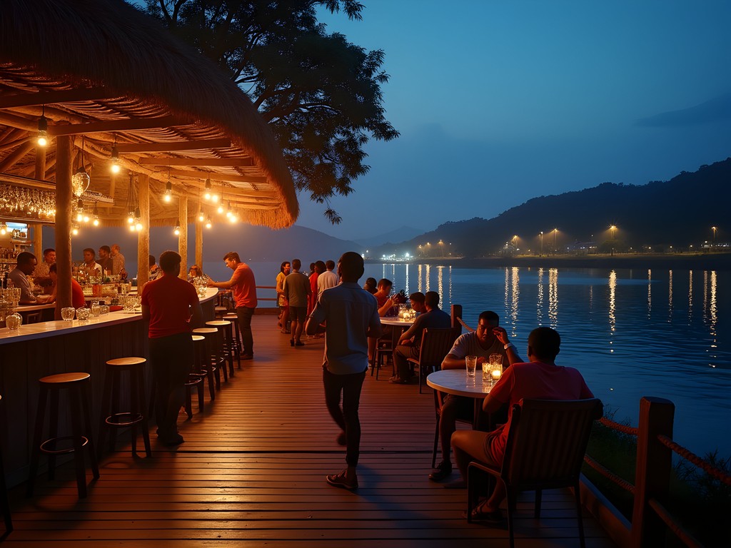 Illuminated riverside lounge in Brazzaville with Congo River view at night