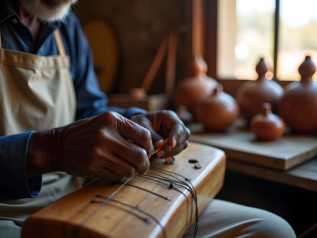 Traditional kora instrument being crafted in Brikama workshop