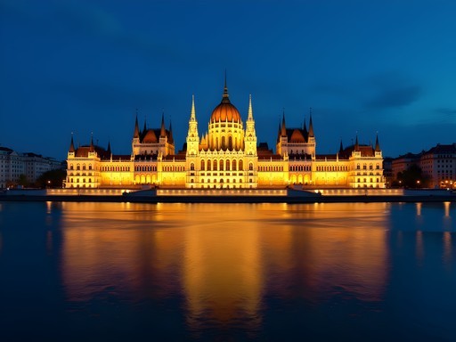 Hungarian Parliament Building illuminated at night viewed from Danube river cruise