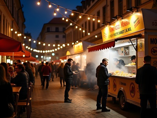 Vibrant night street food scene in Budapest with food trucks and local specialties