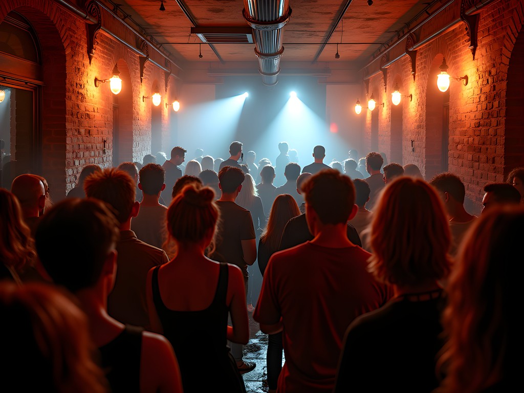 Atmospheric underground music venue in Budapest with moody lighting and local crowd