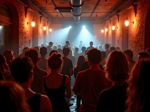 Atmospheric underground music venue in Budapest with moody lighting and local crowd