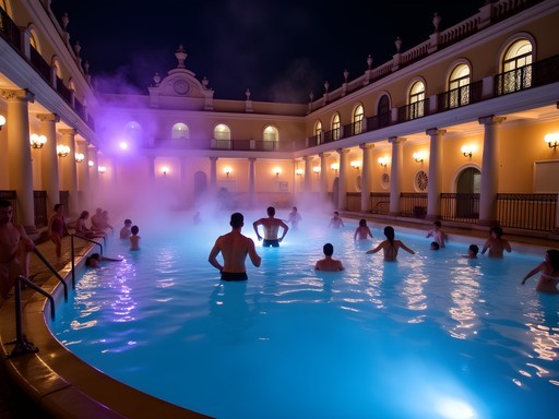 Széchenyi thermal bath night party with colorful lights and dancers