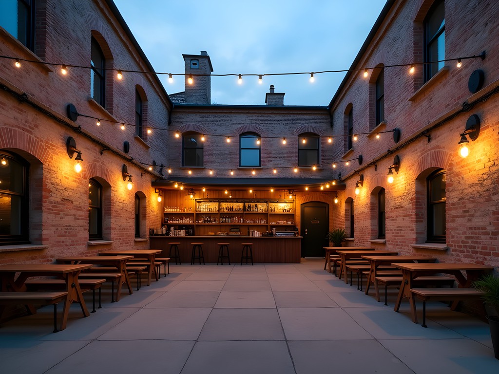 The minimalist courtyard of Anker't ruin bar with exposed brick walls and simple lighting