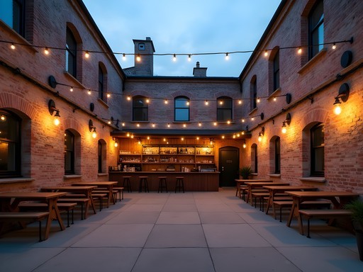 The minimalist courtyard of Anker't ruin bar with exposed brick walls and simple lighting