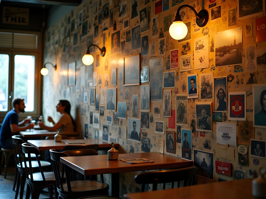 The distinctive collage art covering walls at Csendes Vintage Bar & Café in Budapest