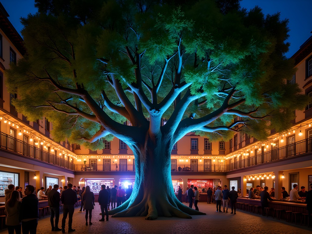 The iconic 320-year-old tree in Doboz ruin bar's courtyard illuminated at night with surrounding activity