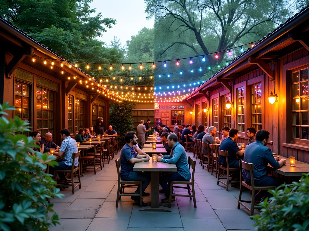 Ellátó Kert ruin bar's garden area showing seasonal transformation with string lights and varied seating