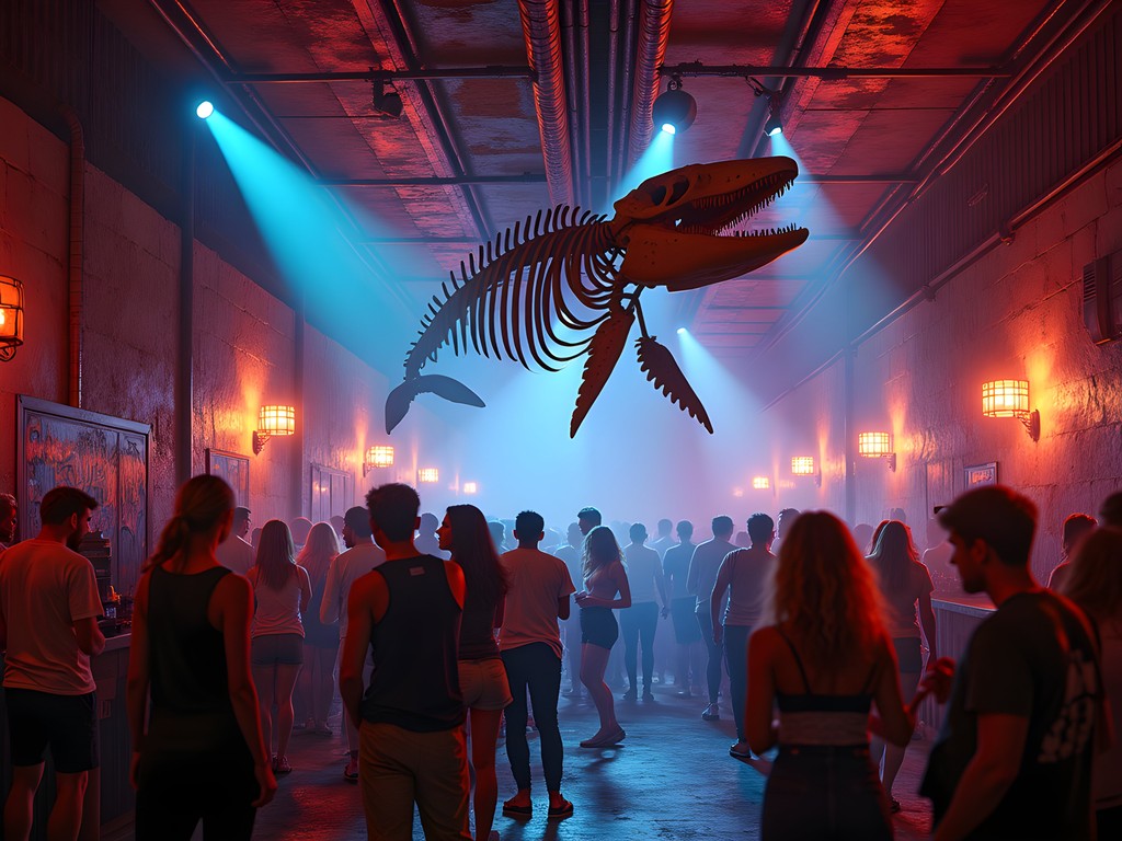 Historical image of Kuplung's underground space with whale skeleton and distinctive lighting
