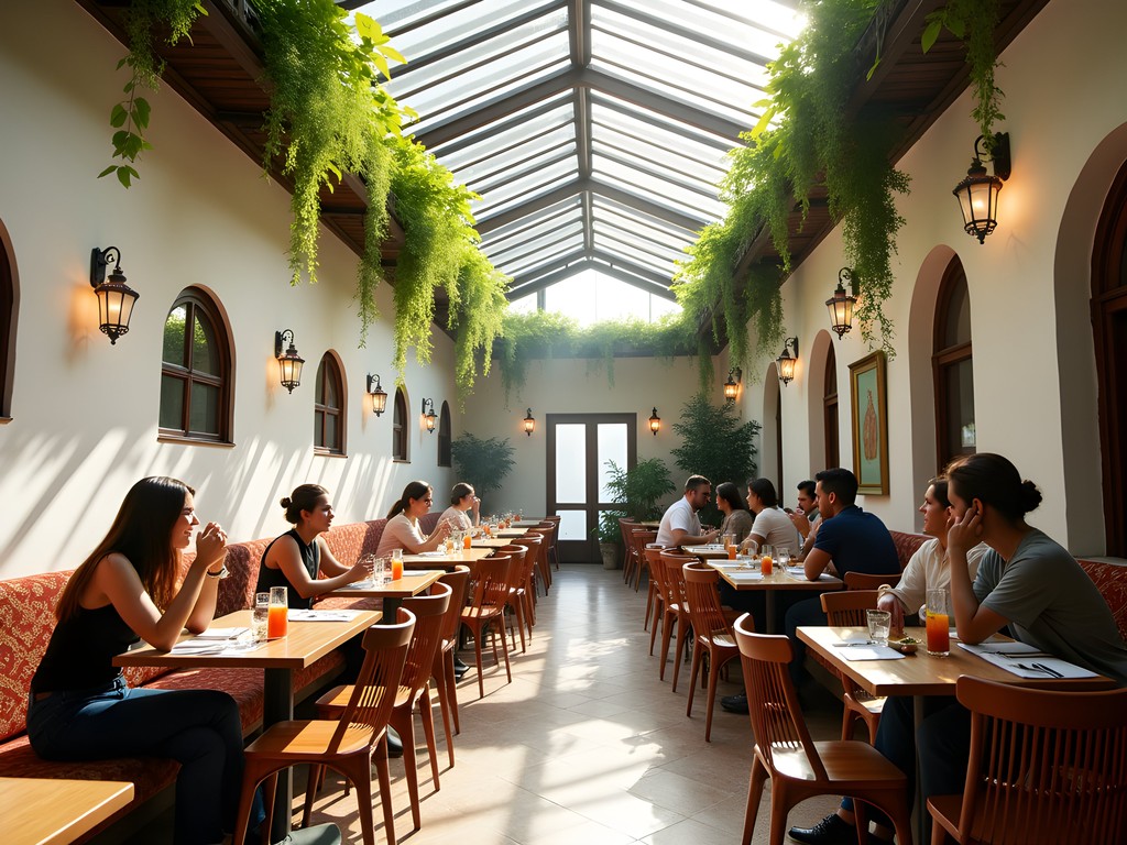 Interior of Mazel Tov ruin bar showing distinctive light patterns through glass roof and plants