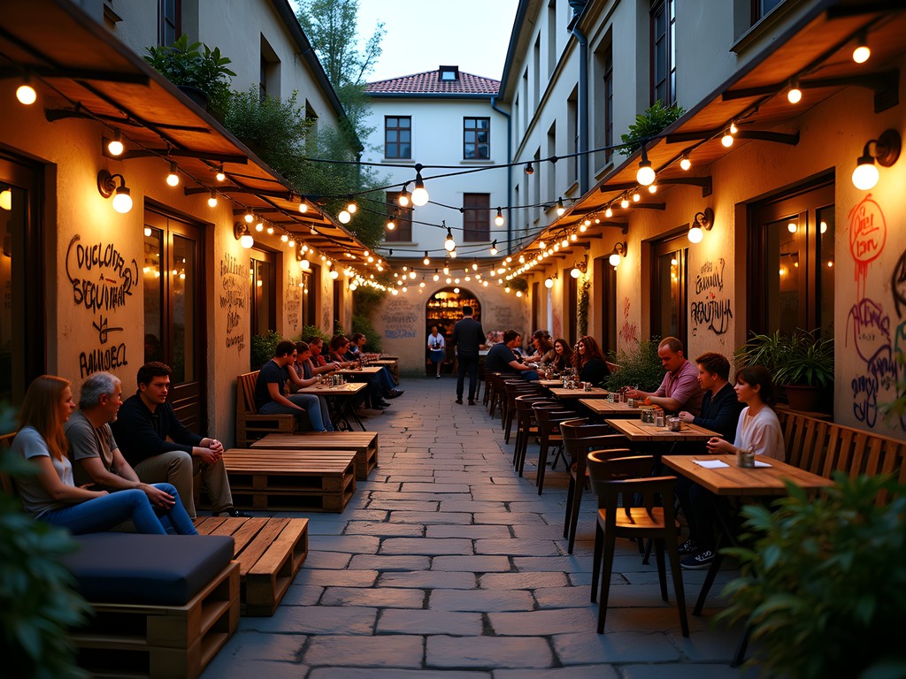 The evolving outdoor space at Racskert ruin bar showing improvised seating and decorations