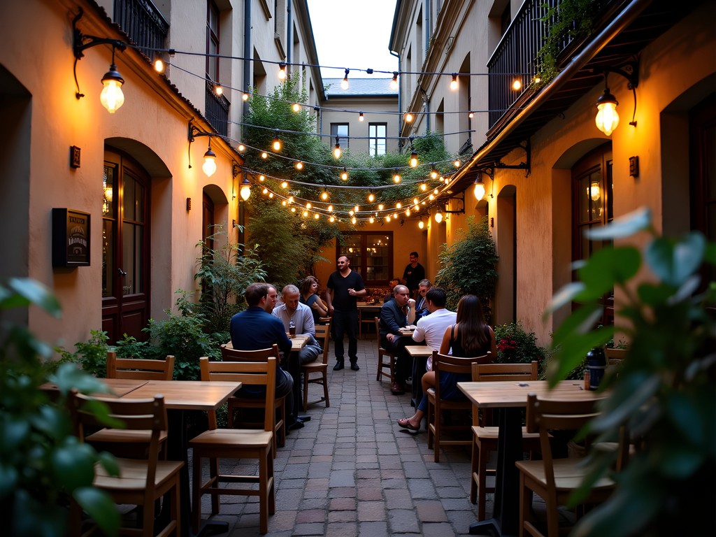 The secluded garden courtyard of Kőleves Kert ruin bar with string lights and local patrons