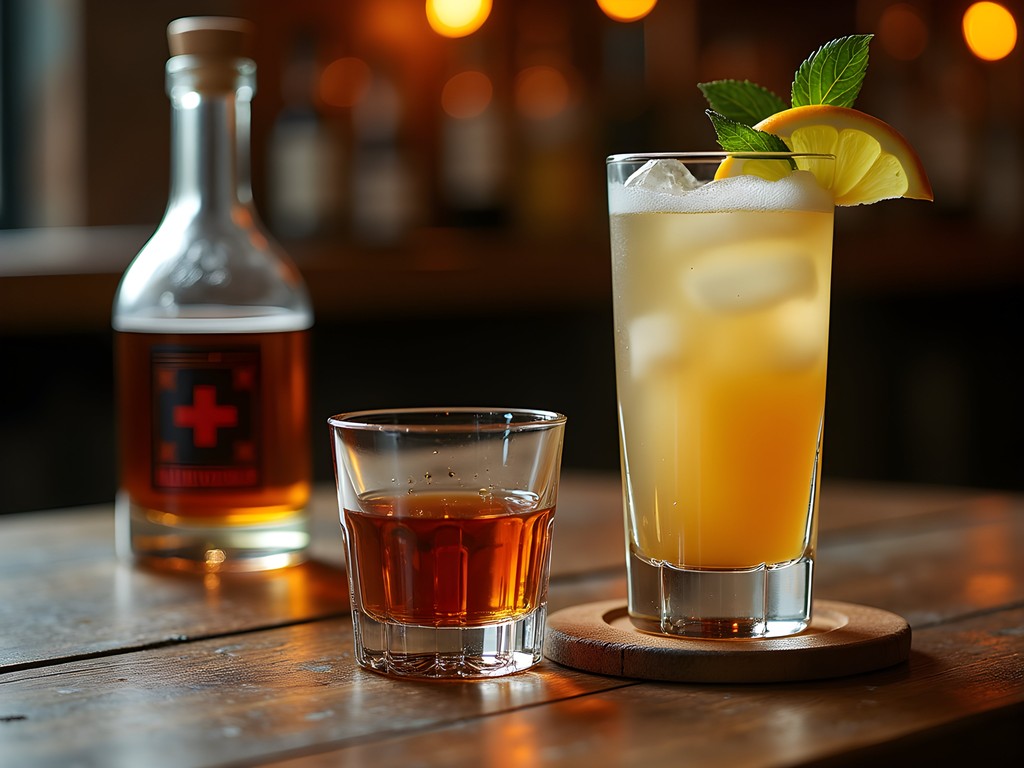 Traditional Hungarian drinks including pálinka and Unicum served at a ruin bar