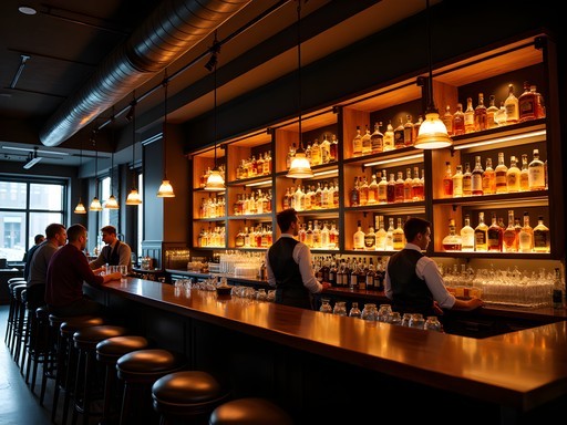 Illuminated whiskey collection at Lucky Day Whiskey Bar in Buffalo's Allentown district