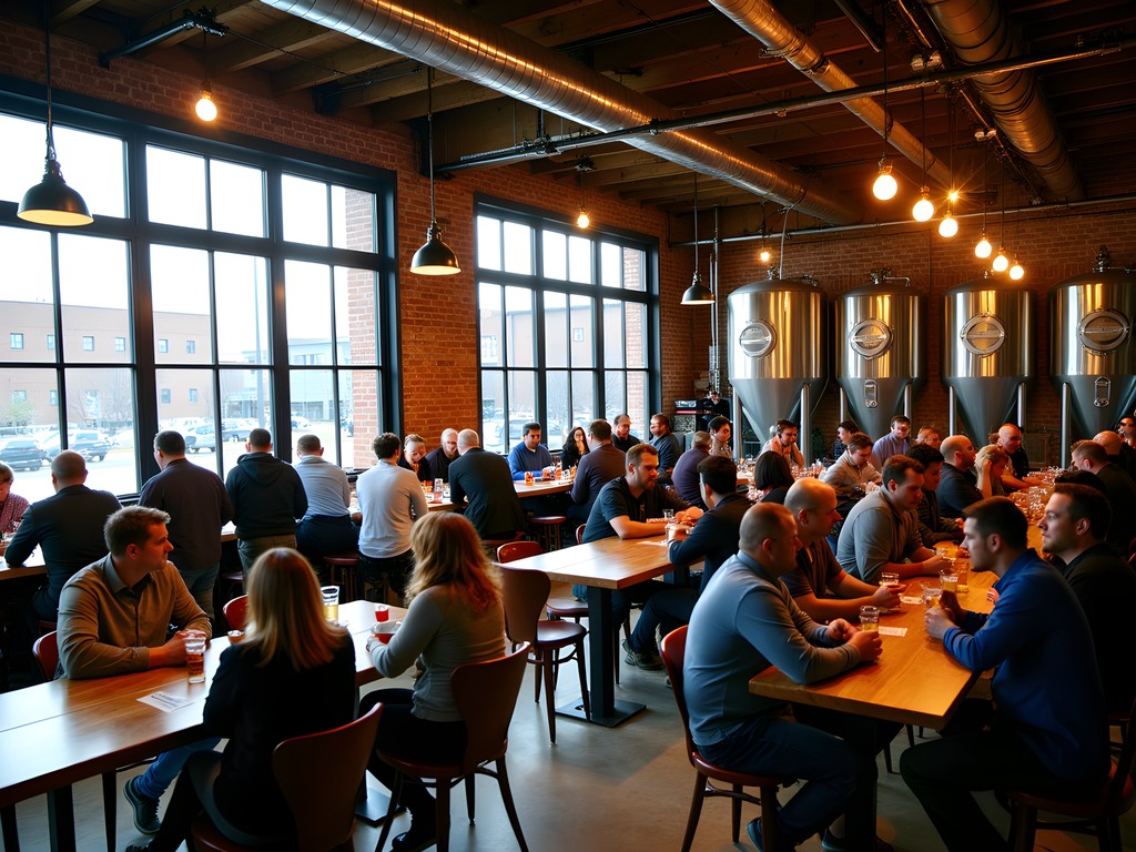 Industrial-chic taproom at Pressure Drop Brewing in Buffalo's revitalized Barrel Factory
