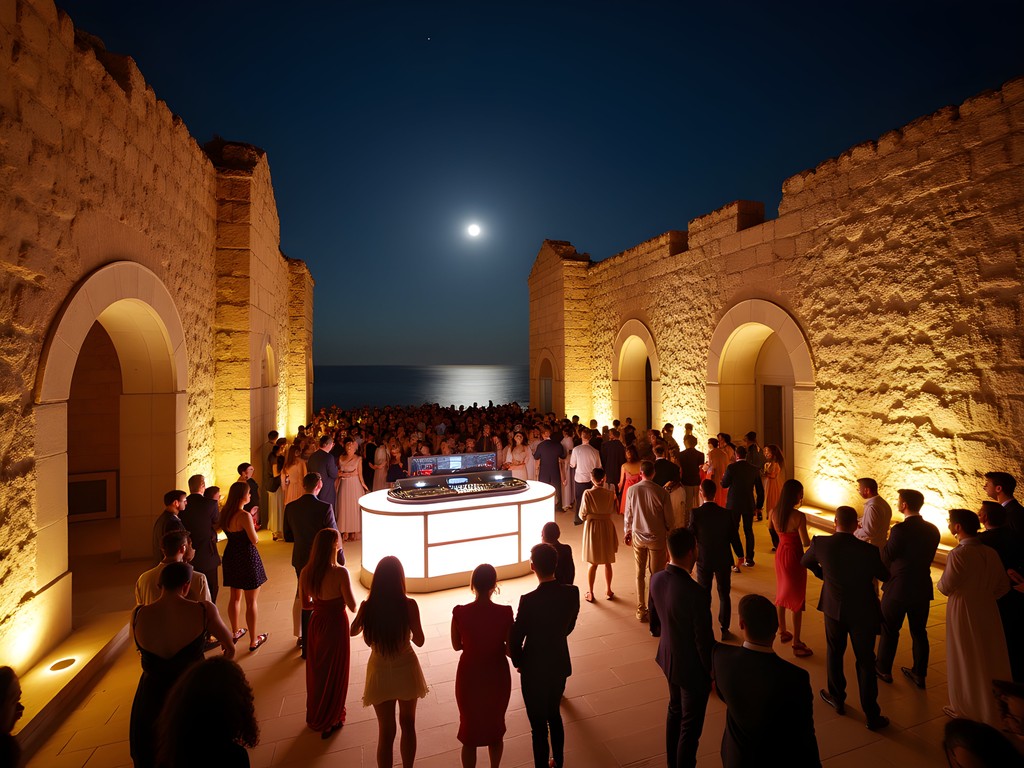 Sophisticated nightclub integrated with ancient Byblos ruins illuminated at night