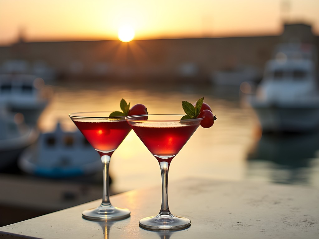 Luxury cocktail experience at Byblos Harbor during sunset with ancient port backdrop