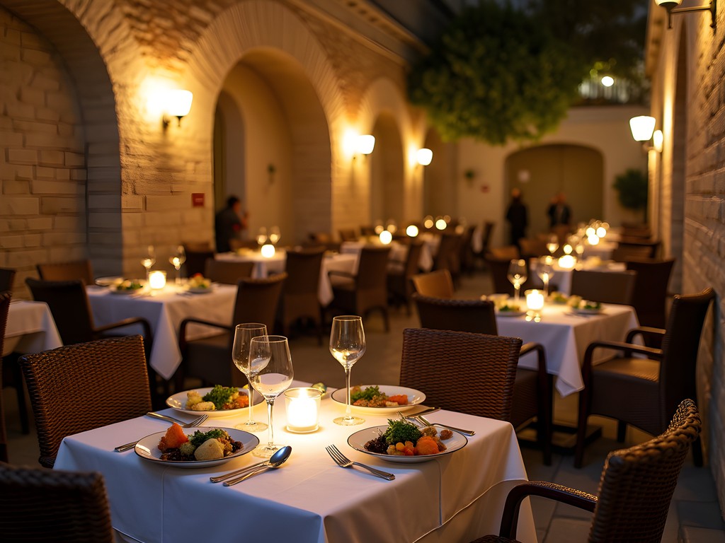 Elegant nighttime dining in Byblos medieval quarter with stone architecture and ambient lighting
