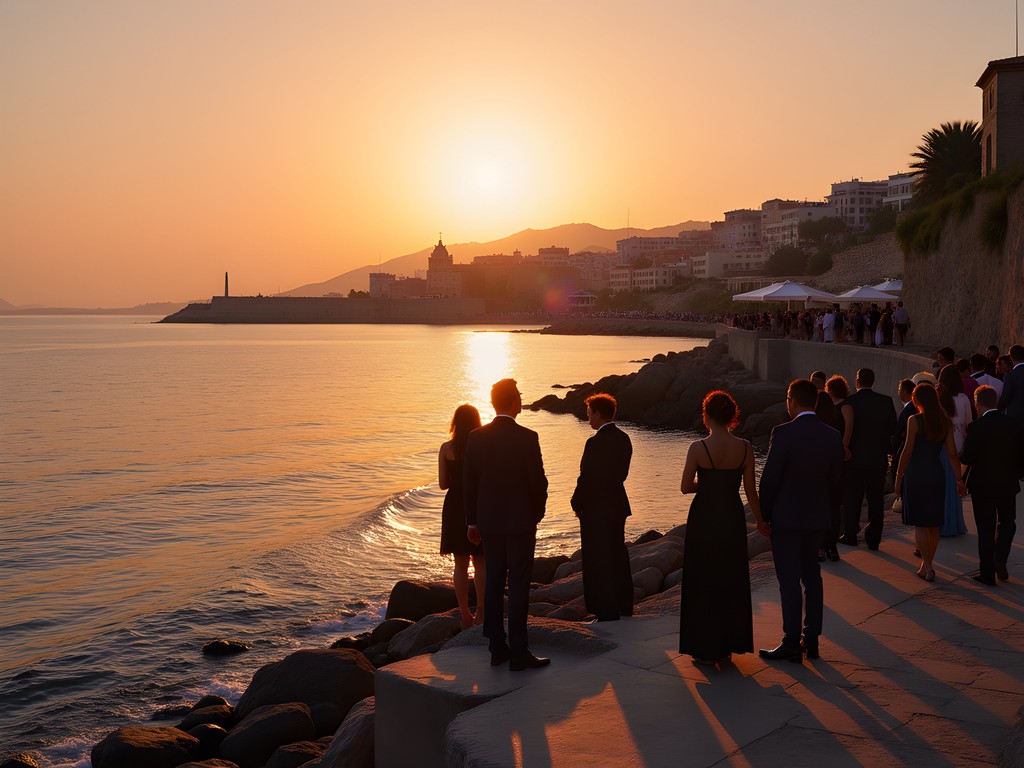 Elegant nightlife crowd watching Mediterranean sunrise from Byblos coastline