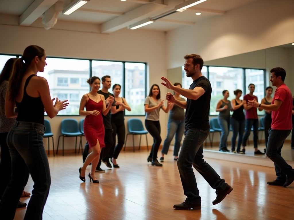 Beginner salsa class in Cali with instructor demonstrating basic steps