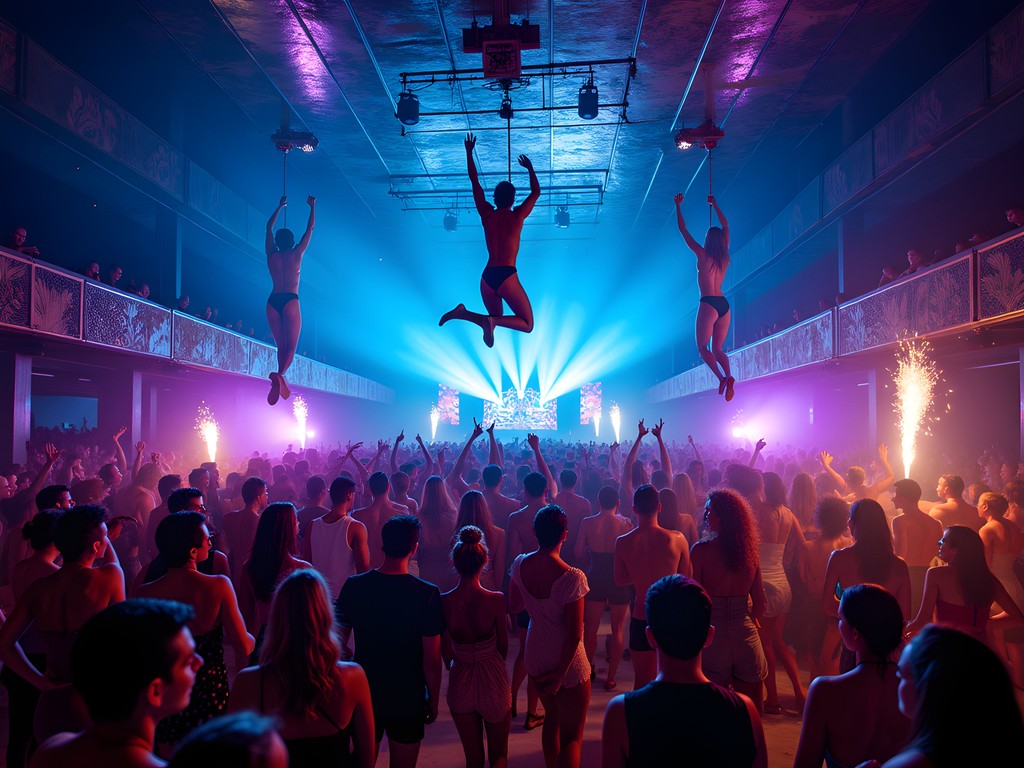 Coco Bongo nightclub interior with acrobatic performers and packed dance floor in Cancun