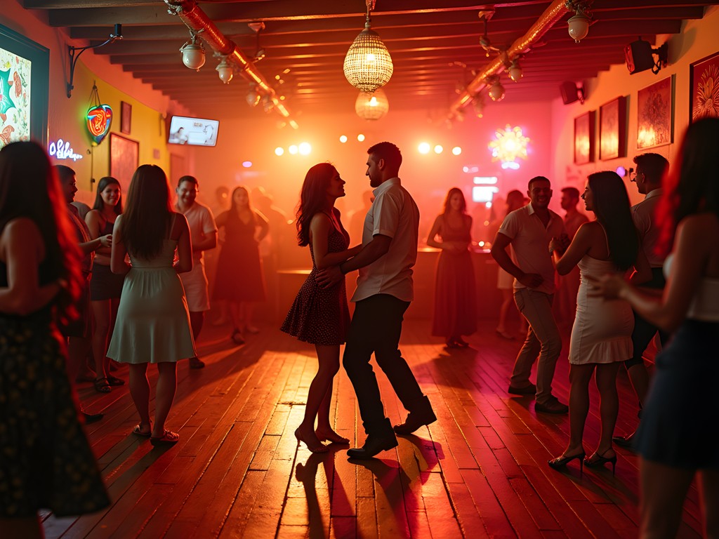 Local salsa dancing club in downtown Cancun with couples dancing