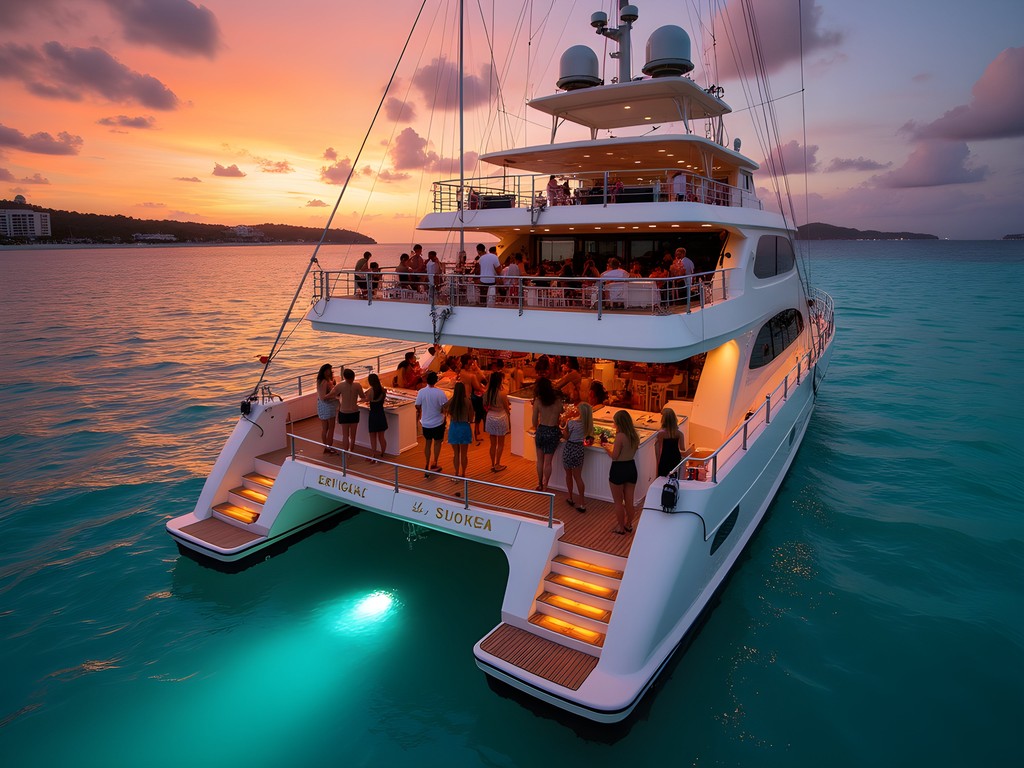 Party boat with guests dancing at sunset on Caribbean waters near Cancun