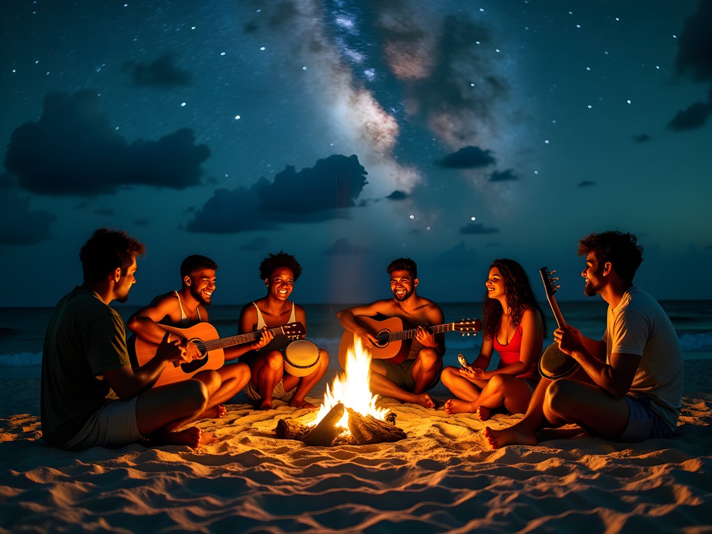 Local musicians playing acoustic instruments around a small bonfire on Playa Tortuga at night with stars visible above