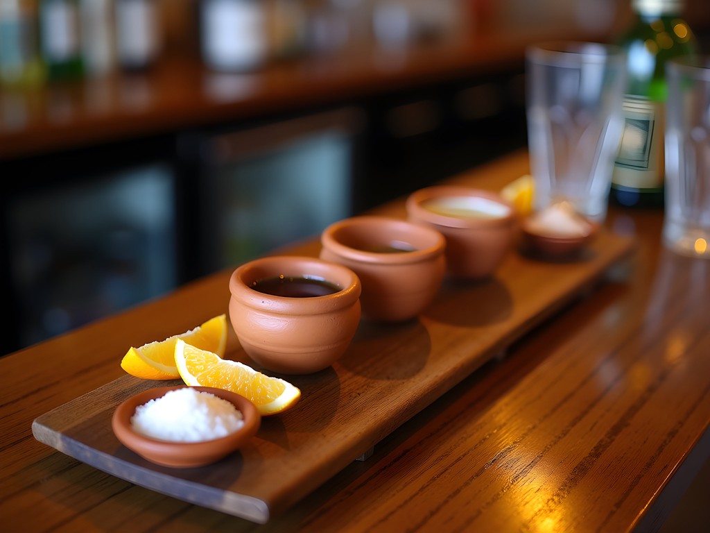 Traditional mezcal tasting flight with orange slices and sal de gusano at La Santanera Mezcaleria in downtown Cancun