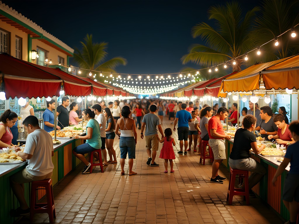 Bustling night market at Parque Las Palapas in downtown Cancun with food vendors, families, and local entertainment