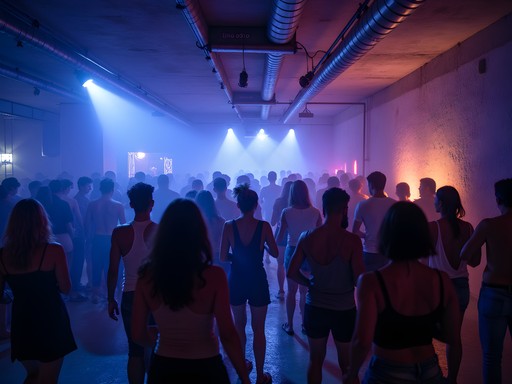 Industrial underground music venue Urbano Kabah with concrete architecture and colorful lighting during an electronic music event