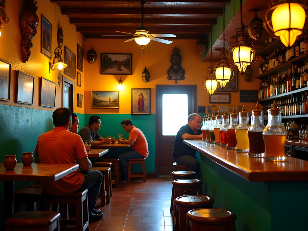 Authentic Mexican cantina in Mercado 28 with colorful decor, traditional tequila bottles, and local patrons enjoying drinks