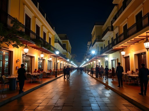 Illuminated street in Las Mercedes district with restaurants and bars
