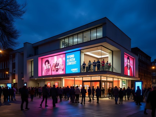 Chapter Arts Centre in Cardiff at night with illuminated exterior and diverse crowd gathering for evening cultural events