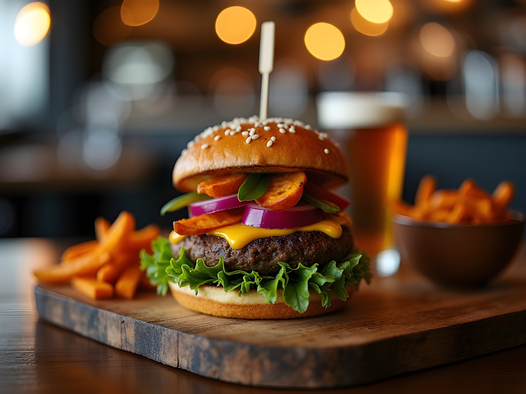 Gourmet vegan burger and sides at a late-night Cardiff restaurant with atmospheric lighting