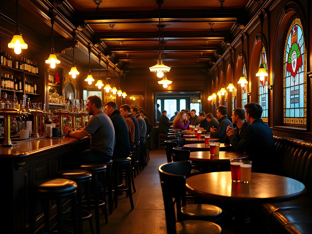 Interior of a traditional Cardiff pub with wooden beams, brass fixtures, and locals enjoying craft beers