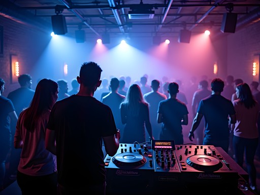 Underground electronic music venue in Cardiff with DJ booth, lighting effects, and diverse crowd dancing