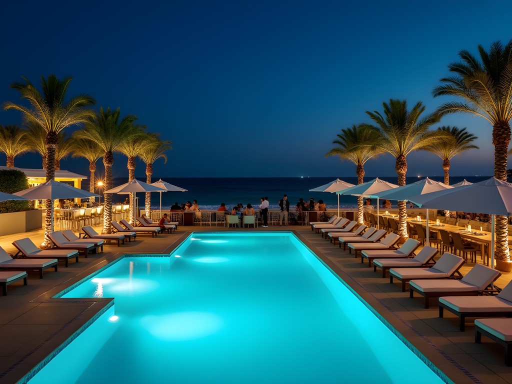 Elegant beach club in Casablanca at night with Atlantic Ocean views