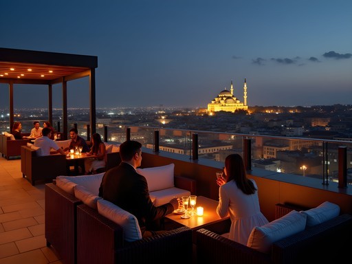 Couple enjoying drinks at an elegant rooftop lounge overlooking nighttime Casablanca