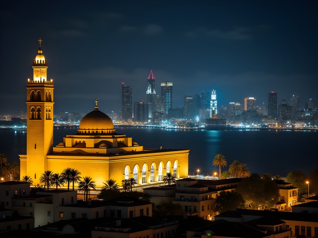 Casablanca skyline at night with Hassan II Mosque illuminated