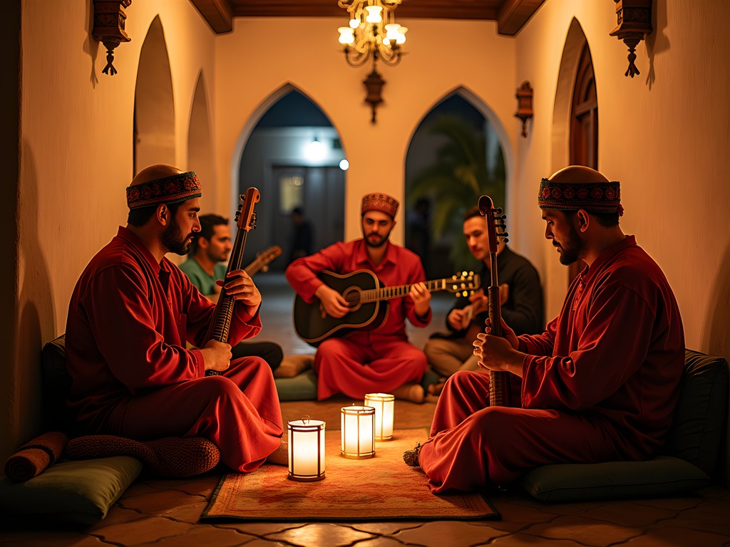Traditional Moroccan music performance in an intimate venue with couples enjoying the show