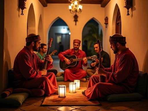 Traditional Moroccan music performance in an intimate venue with couples enjoying the show