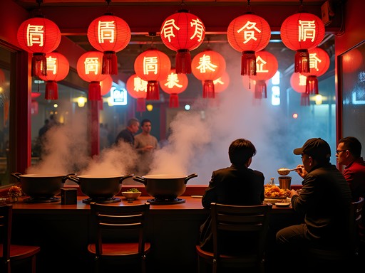 Vibrant Chengdu hotpot restaurant transforming into evening entertainment venue with musicians setting up