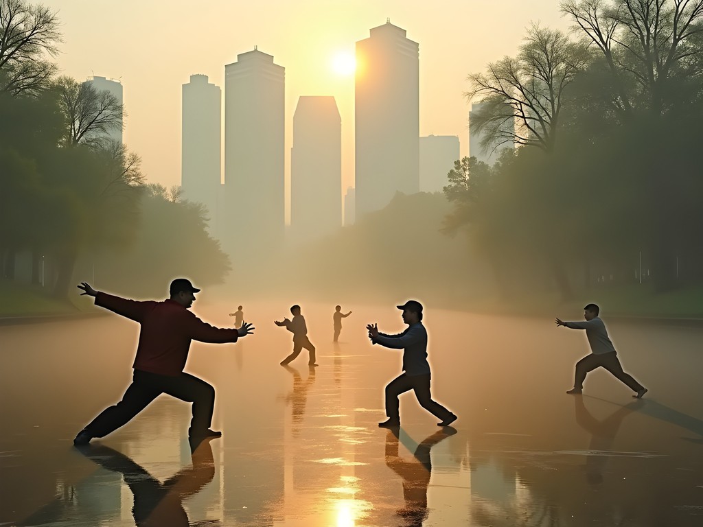 Early morning tai chi practice by Jin River with modern Chengdu skyline in background