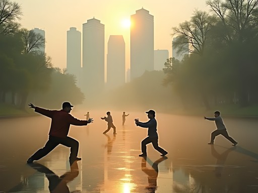 Early morning tai chi practice by Jin River with modern Chengdu skyline in background